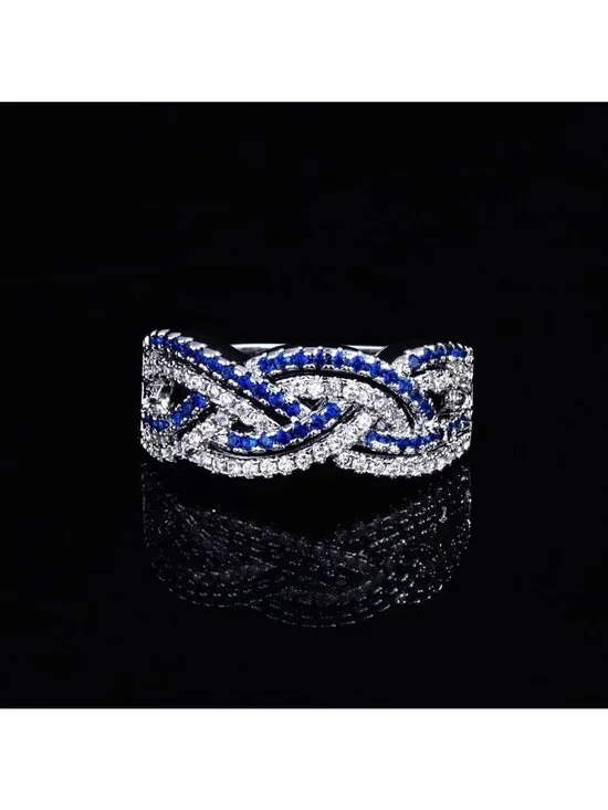 Shiny 925 Sterling Silver Diamond & Sapphire Cocktail Ring, Eternity Wedding
