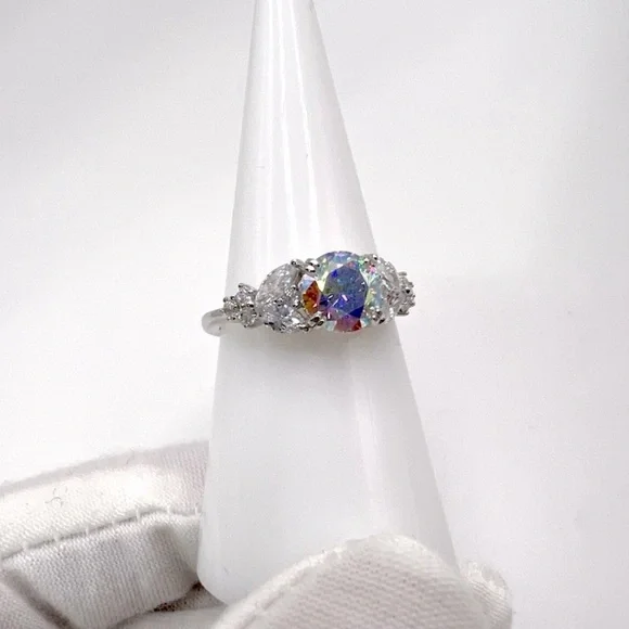 .925 Sterling Silver Iridescent Rainbow CZ Ring