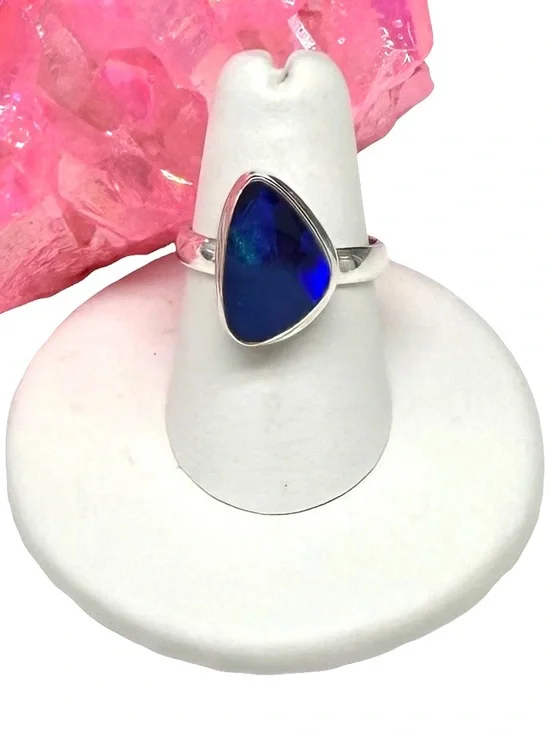 Blue Australian Fire Opal Ring Size 7 Solid 925 Sterling Silver Natural Stone