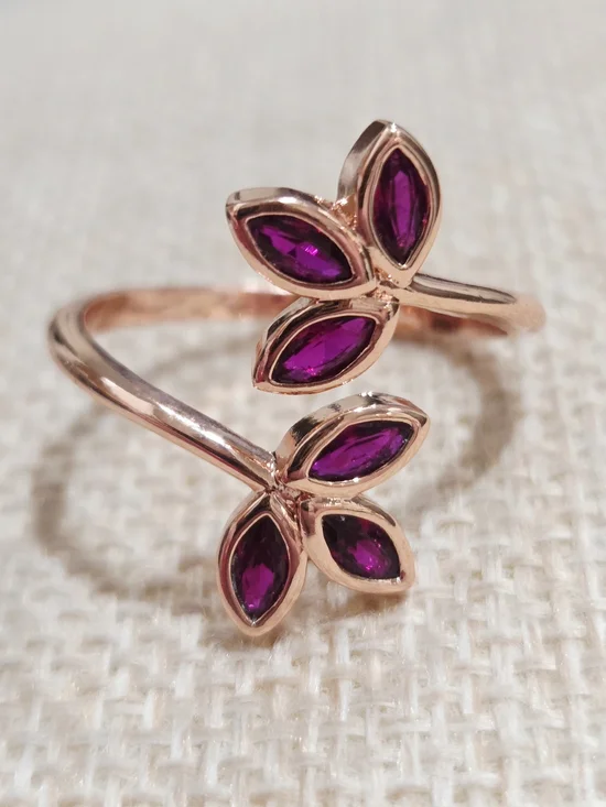 Rose Gold Leaf Ring with Cherry Red Garnets Gemstones -