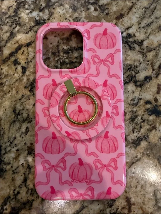 Pink Pumpkin Pattern iPhone 15 Pro Max Phone Case with matching MagSafe ring