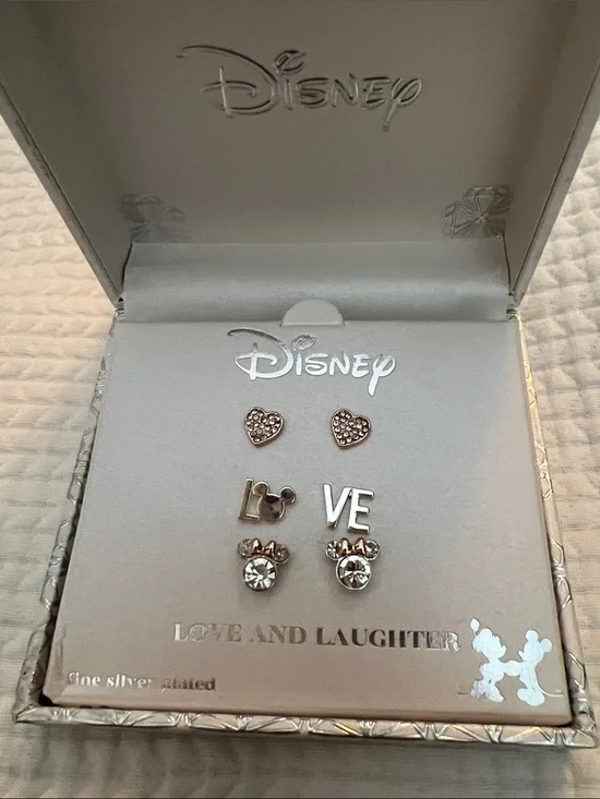 Disney Kids Silver-Tone Pink Heart & Mickey 'LOVE' Earring Trio