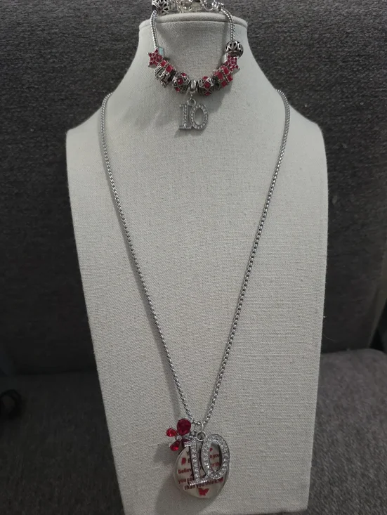 Silver Tone Red Charm Necklace and Bracelet Set