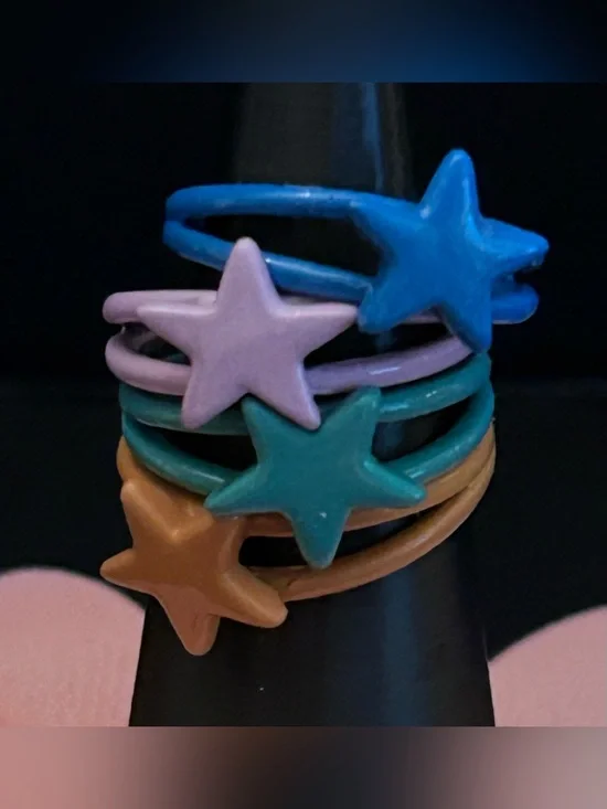 Kids Star Stackable Adjustable Rings Set of Four in Blue, Purple, Teal, Tan