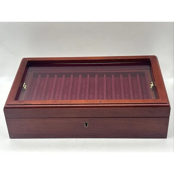 Eureka Fountain Pen Storage Box USA Wood w/ Burgundy Velvet Interior - 29 Slots