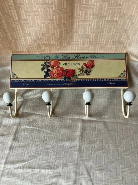 Shabby Chic Floral Rose 4-Hook Wall Rack / French Provincial