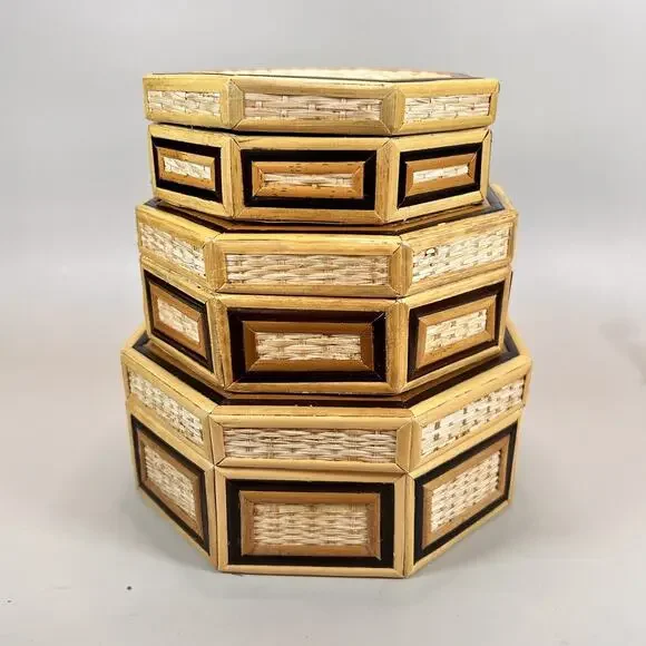 Vintage Bamboo Wicker Hexagon 3 Nesting Jewelry Trinket Boxes- EUC