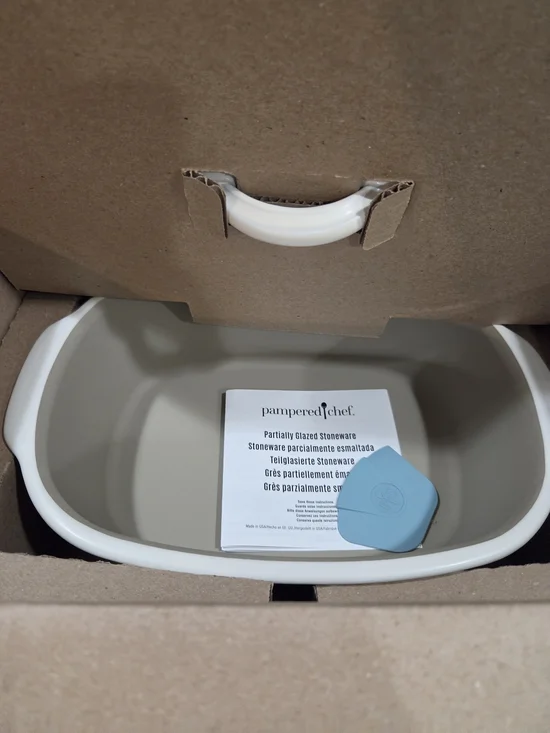 Pampered Chef White and Light Gray Partially Glazed Deep Covered Baker Stoneware