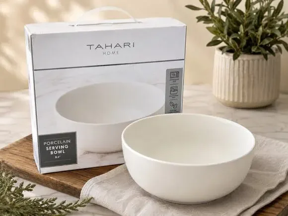 Tahari Home Porcelain Serving Bowl – 8.5” White Round Bowl – Microwave safe