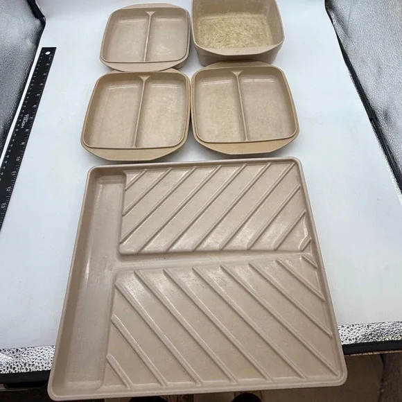 Anchor Hocking Microware Tan 5 Piece Set Grill Pan‎ Divided Trays PM 469-T1 USA