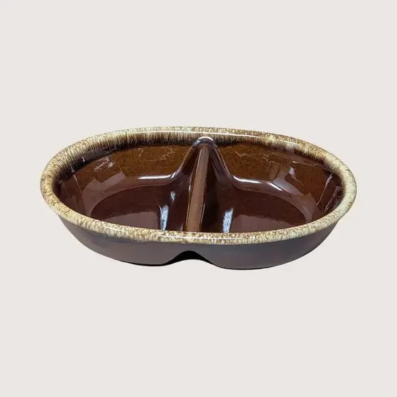 1970s Hull Pottery Brown Drip Divided Casserole Dish
