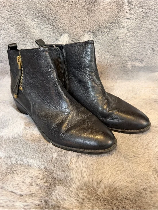 Franco Sarto Black Leather Chukka Boots with Gold Zip Accent
