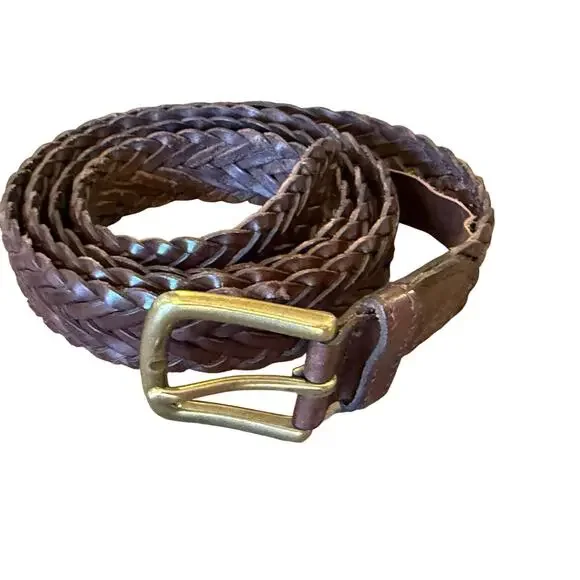 L.L. BEAN Brown Leather Braided Belt Men size 46 Brass Buckle L L Bean