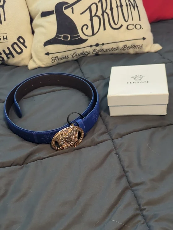 Versace Blue Leather Belt with Gold Medusa Buckle