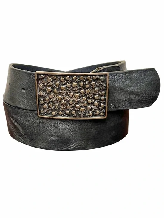 Dei Giovani luxury belt genuine Italian leather distressed skull buckle  EUC
