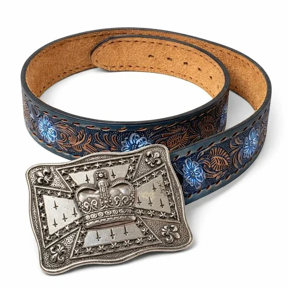 Vintage Tooled Leather Belt Sz 30 Blue Floral Western Saddle Leather Cowboy‎ USA