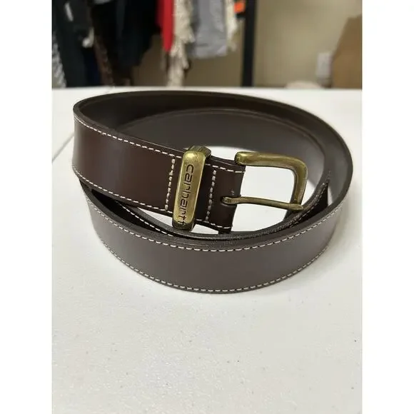 Carhartt Brown Leather Belt, Logo Brass Colored Buckle 2200 Size 44