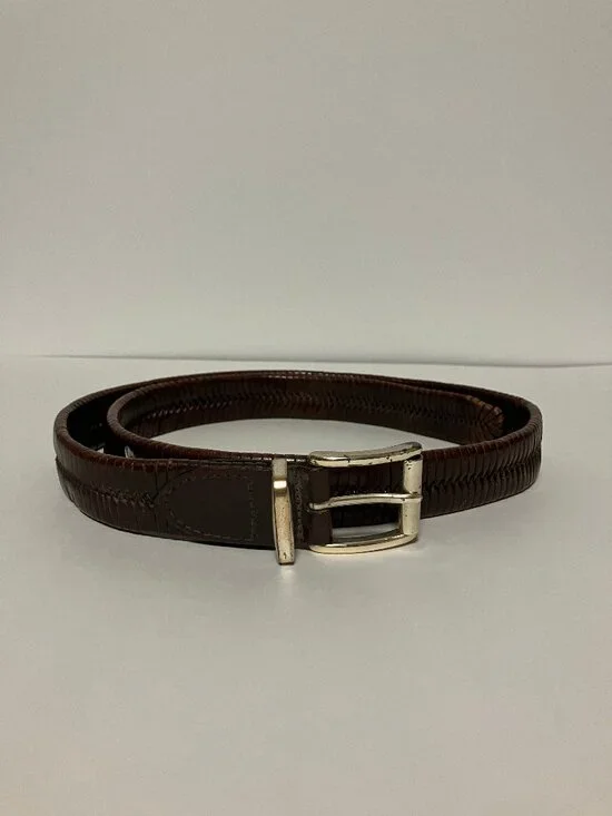 Fossil Vintage Brown Leather Ribbed Stitched Accent Silver Buckle Belt Size 38