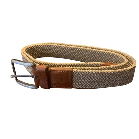 Tommy Bahama Woven Braided  Belt Khaki Tan Leather Trim L XL