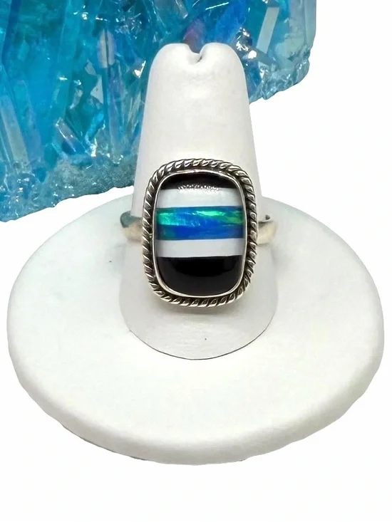 Aurora Fire Opal Black Onyx Striped Ring Size 9 Solid 925 Sterling Silver Blue