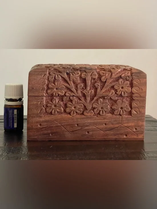 Hand-Carved Indian Wooden Floral Box - Brown