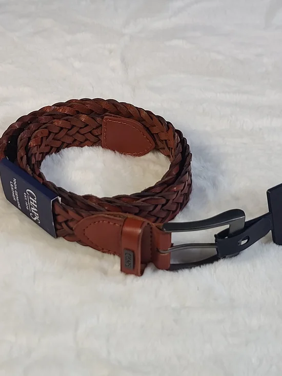 Chaps Braided Leather Belt in Chestnut Brown with Black Buckle