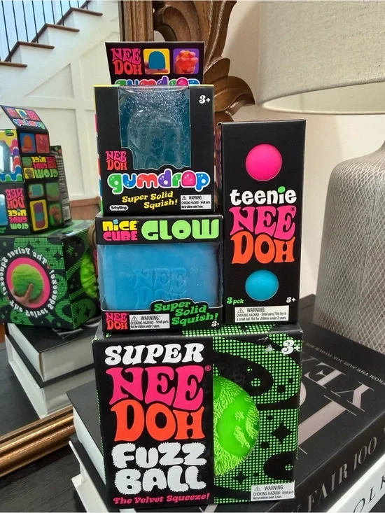 Neon NeeDoh Fuzz Ball & Gumdrop Squish Toy Bundle - Bright Green & Blue