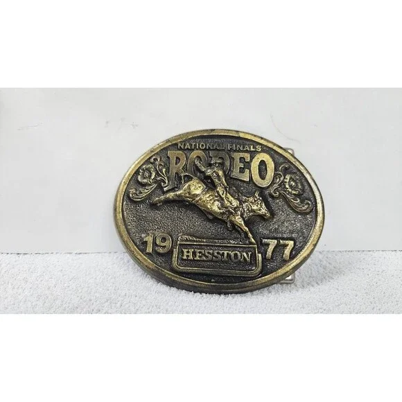 Vintage Hesston Rodeo Belt Buckle Mens Gold Tone 1977 NFR Limited Edition
