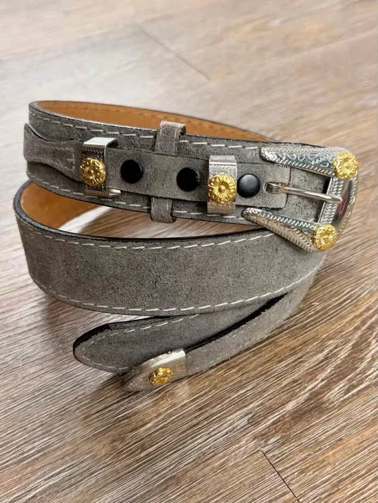 VTG Wrangler USA Frontier Series Gray Suede Western Belt Silver Gold Buckle | 34