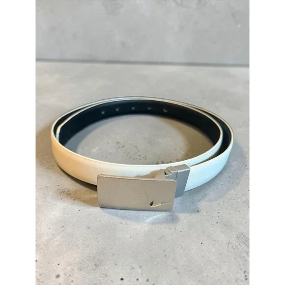 Nike Golf E.86 Leather Belt White Size L 34-38in Silver Buckle 1” Width