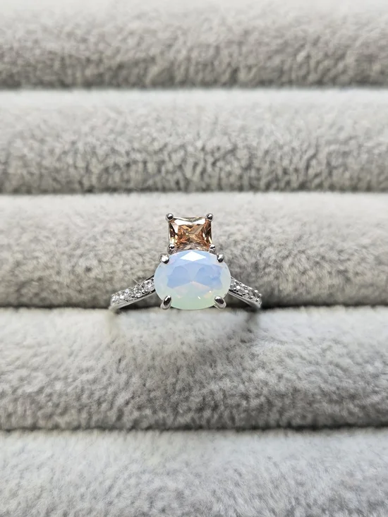 Bomb Party Ring Sz 7 RBP7477 ‘Journey Beyond’ White Opal & Smokey Topaz/Rhodium