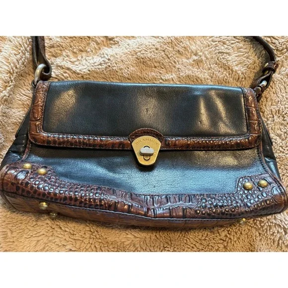 Brahmin Tuscan Black Croc Embossed Leather Purse Bag Flap Turn Lock 