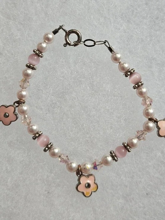 Delicate Pink Flower Charm Beaded Sterling Silver Bracelet Lenght 5