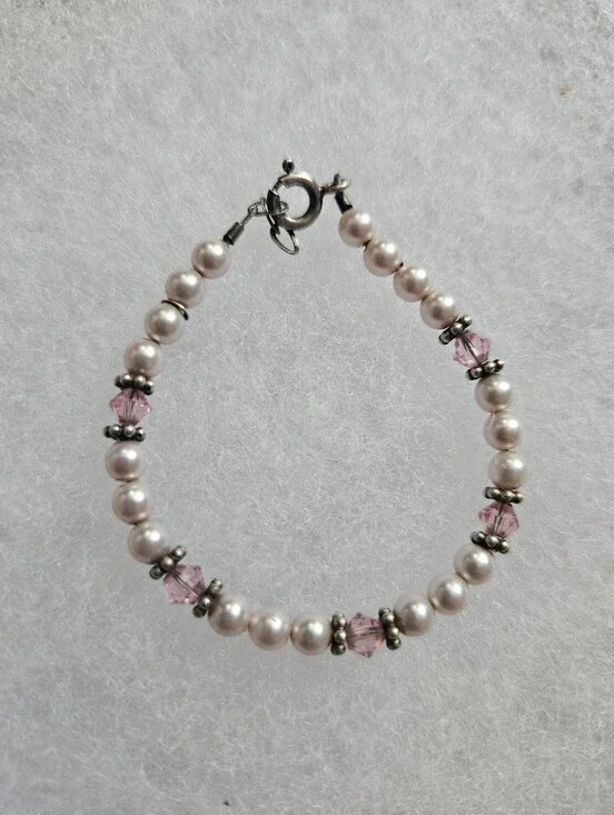 Vintage Toddler Faux Pink Pearl and Crystal Sterling Silver Bracelet Lenght 5