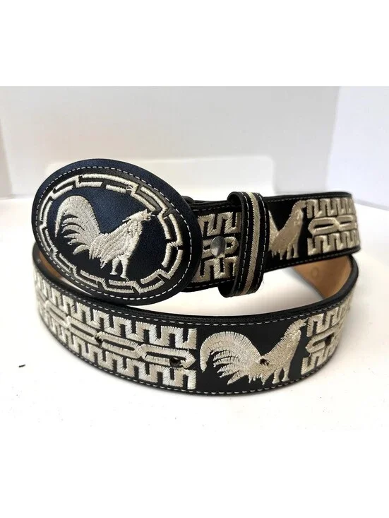 Men's Mexican Piteado Embroidery Belt 100% Leather Western Cowboy Rooster Black