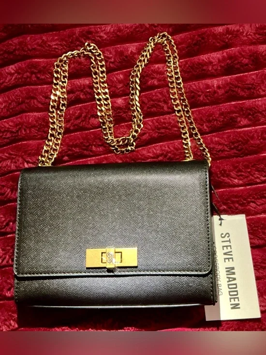 Steve Madden Black Leather Crossbody with Gold Chain Strap