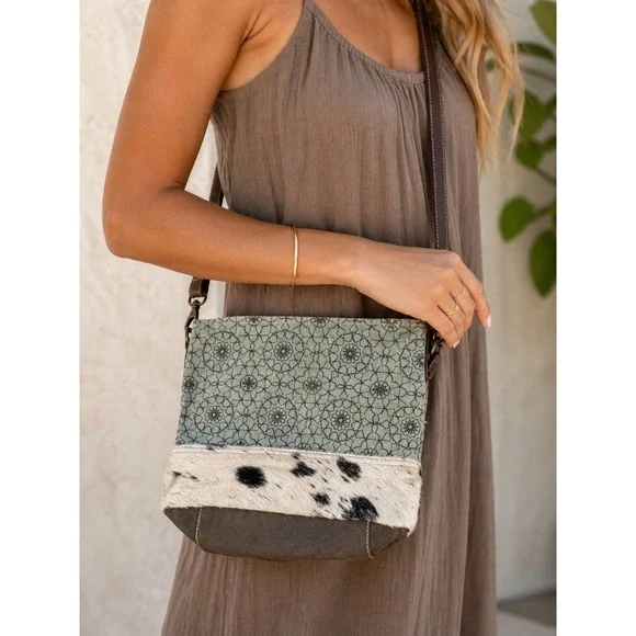 Myra Bag Upcycled Canvas‎ Rug Cowhide Crossbody Bag Green Brown S-1250