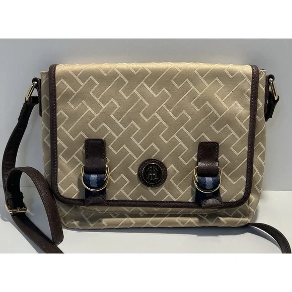 Tommy Hilfiger Jacquard Flap Top Messenger/Crossbody Bag-Tan/Brown Shoulder