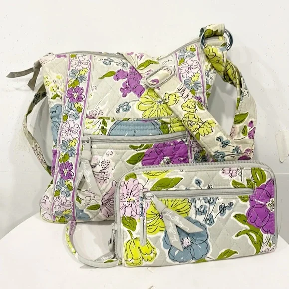 Vera Bradley RARE Watercolor Floral Crossbody Bag + Wallet Fabric zipper closure