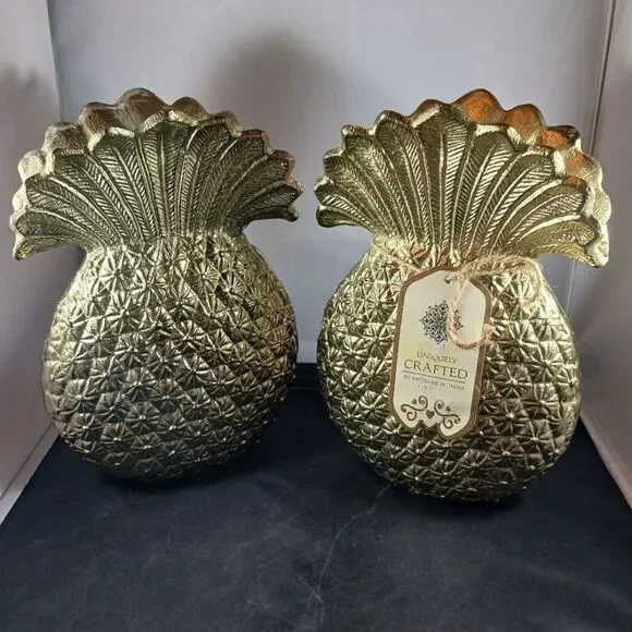 2 Artisan Pineapple Gold Color Metal Vase