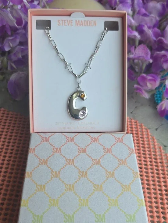 FunSteve Madden Silver 'C' Pendant Necklace w/ Amber Stone Accents