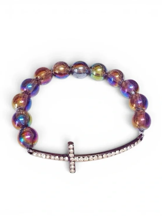 Rainbow Iridescent Sideways Cross Bracelet Stretch Y2K Gothic Girls Jewelry