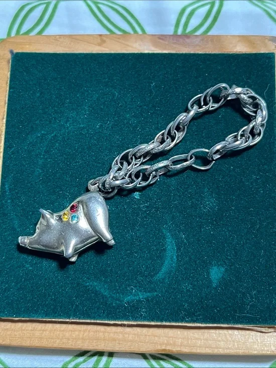 Silver Pig Charm Bracelet with Colorful Accent Stones VINTAGE