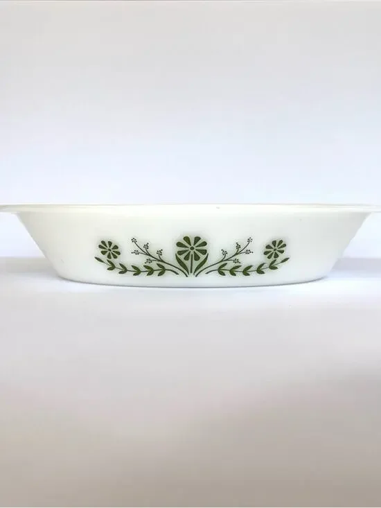 Vintage Glasbake Crazy Daisy Divided Baking Dish Green Milk Glass Casserole