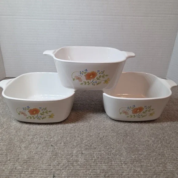 VINTAGE Corning WILDFLOWER Set of 3 Petite Pan P-43B Casserole 1 3/4 cup No Lids