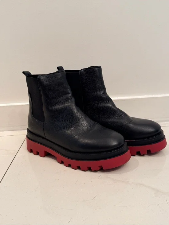 Black Leather Chelsea Boots with Red Lug Sole - Women