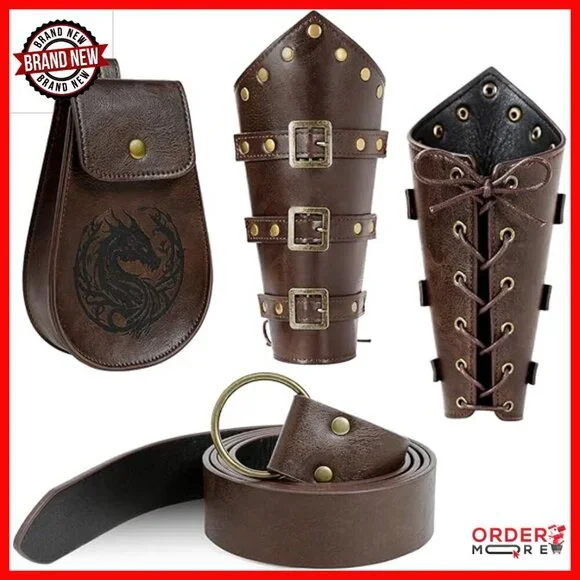 Adjustable Faux Leather Viking Belt Set with Pouch & Bracers