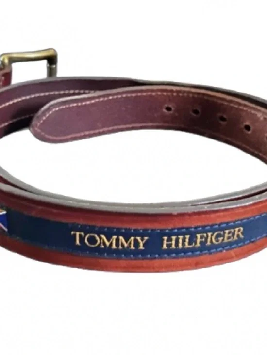 TOMMY HILFIGER L Leather Flag Nautical Belt Brown Large Size 49 Preppy