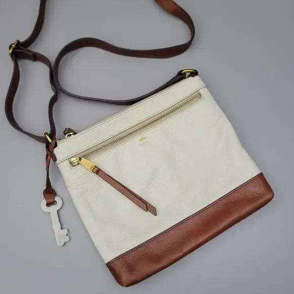 Fossil Fiona Crossbody Women's Purse Small Off White Brown Straps Key Vintage