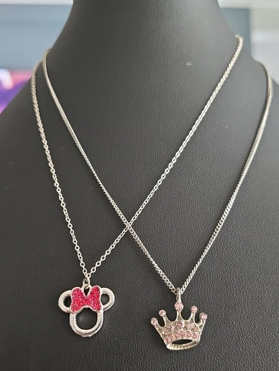 2 Necklace Bundle! Pink Bow Minnue Mouse & Pink Crown Pendant Necklace Set